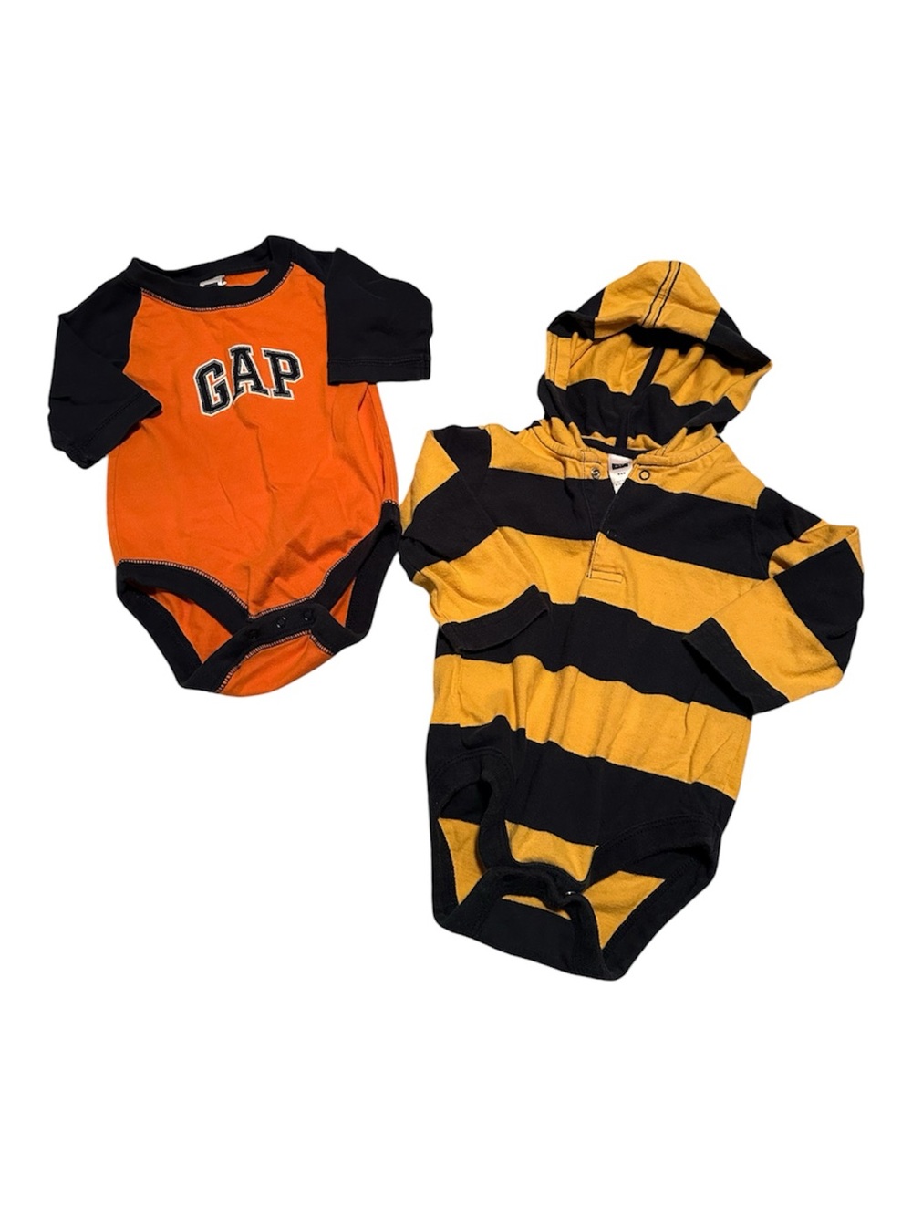 GAP Onesie Bundle (Orange & Navy Logo/Yellow & Navy Hoodie)-Size 6-12M